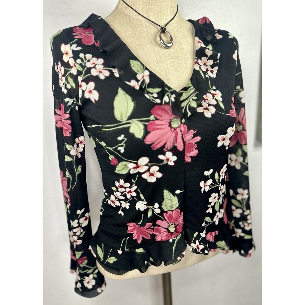 Vtg Whimsygoth Floral Frilly Floral Fairy Semi Sheer Blouse Medium